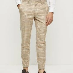 Burton Skinny Fit Stone Textured Check Suit Trousers