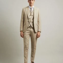 Burton Skinny Fit Stone Textured Check Suit Jacket