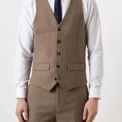 Burton Slim Neutral Herringbone Tweed Suit Waistcoat