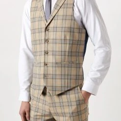 Burton Slim Neutral Highlight Check Suit Waistcoat
