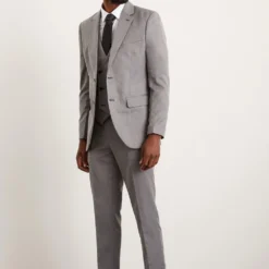 Burton Slim Fit Grey Mini Herringbone Suit Trousers