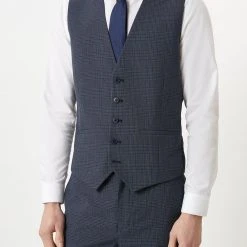 Burton Tailored Fit Navy Overcheck Waistcoat